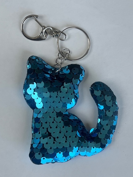 Handmade Accessories - Sequin Cat Keychain Charm in Shimmering Blue Hand Crafted